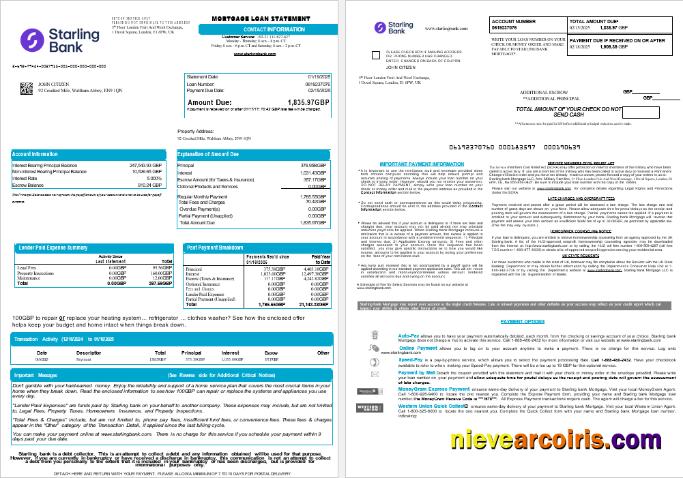 United Kingdom Starling bank mortgage loan statement, 8 pages 1-2